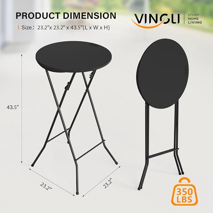 VINGLI 24" Plastic Folding Round Table Bar Height, HDPE Matrial - Image 3