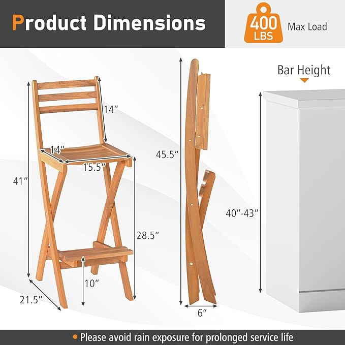 Tangkula Patio Folding Barstool Set of 4, Outdoor Portable High Top Acacia Wood - Image 3