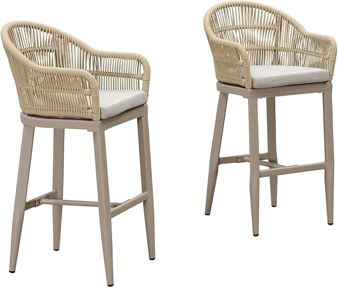 PURPLE LEAF Outdoor Bar Height Stools Set of 2 Patio Metal Modern Wicker Rattan - Image 3