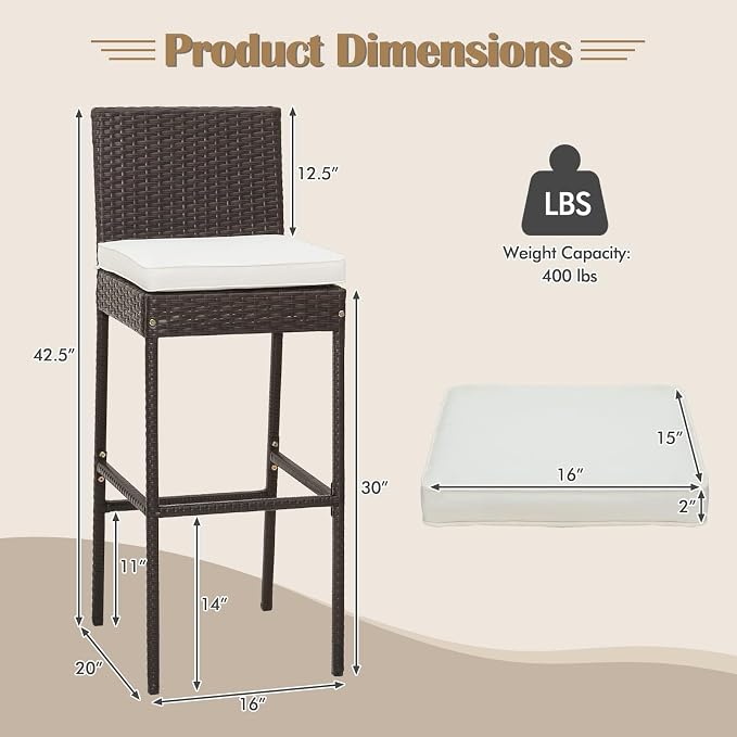 COSTWAY Outdoor Wicker Bar Stools Set of 2, Footrest and Backrest, Rattan - Image 3