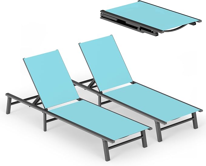 Aluminum Outdoor Lounge Chairs Set of 2- No Assembly Needed, Foldable Patio by CIOKEA