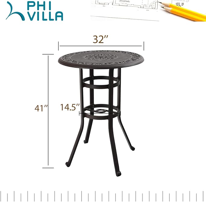 PHI VILLA 32" Cast Aluminum Patio Bar Table, Pub Height Bistro Round Table - Image 5