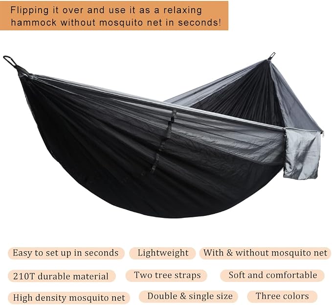 Camping Hammock with Mosquito Net, Double & Single Lightweight Portable - Image 6