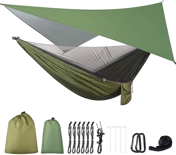 Camping Hammock with Rain Fly Tarp and Mosquito Net Tent Tree Straps, Portable - Image 9