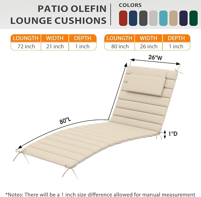 Sundale Outdoor Olefin Quilted Lounge Cushion Set of 2, Patio Foldable Chaise - Image 3