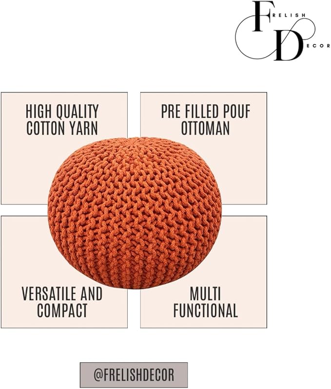 FRELISH DECOR Round Pouf Ottoman Hand Knitted 100% Cotton Pouf Foot Stool - Image 4