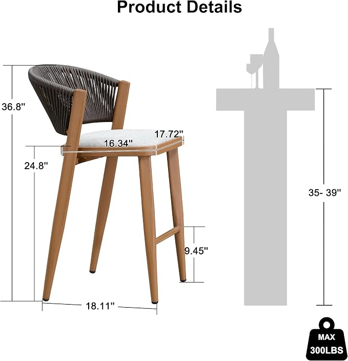 PURPLE LEAF Counter Height Bar Stool Set of 2 Outdoor Counter Stools Woven Bar - Image 3