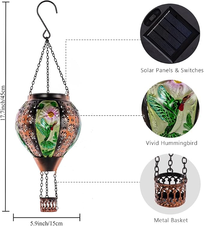 DREAMSOUL Hummingbird Hot Air Balloon Solar Lantern, Metal & Glass Flickering - Image 3