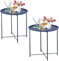 Garden 4 you End Table 2 PCS Metal Side Table Dark Blue Round Folding Tray Cyan by Garden4you