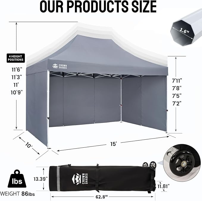 CROWN SHADES 10x15 Pop Up Canopy Tent, Thicken Frame Commercial Heavy Duty Tent - Image 7