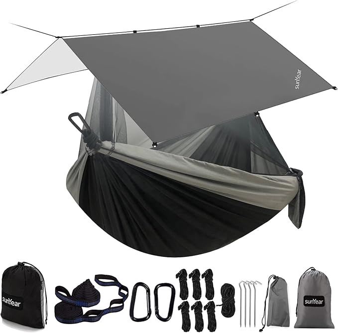 Sunyear Hammock Camping with Rain Fly Tarp and Net, Portable Camping Hammock by SleepSafeSwingFree