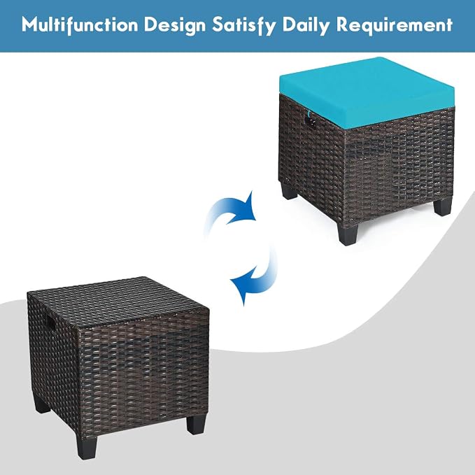 2PCS Patio Outdoor Ottomans, Rattan Wicker Ottoman Seat w/Removable Cushions - Image 5
