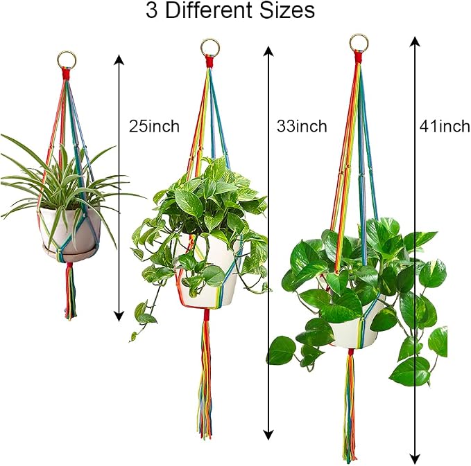 Rainbow Macrame Plant Hangers Indoor Outdoor, 3 Pack Different Size Flower Pot - Image 7