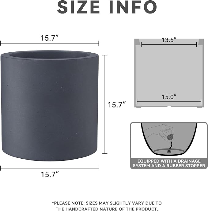 Kante 15.7" Dia Round Concrete Planter, Modern Style Large Cylindrical Plant Pot - Image 3