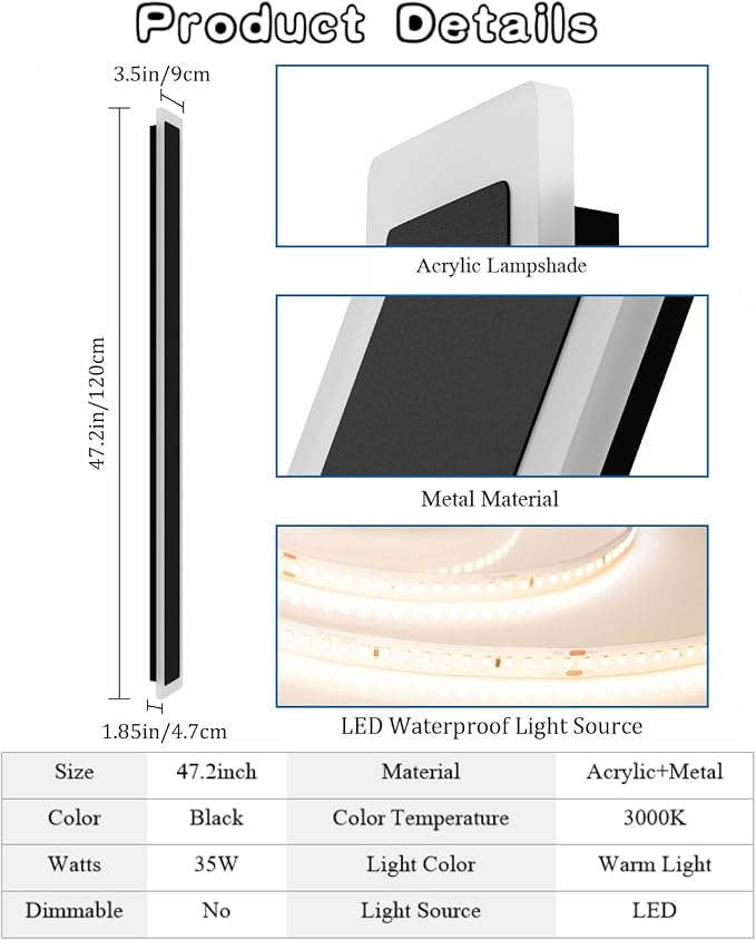2 Pack 47.2In Long Outdoor Wall Light IP65 Waterproof, 35W Black Modern LED - Image 3