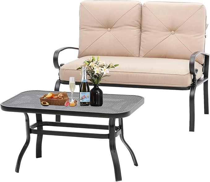 Oakcloud Outdoor 2 Pcs Patio Loveseat Bench Metal Frame Furniture Set by OckcloudPatioFurniture