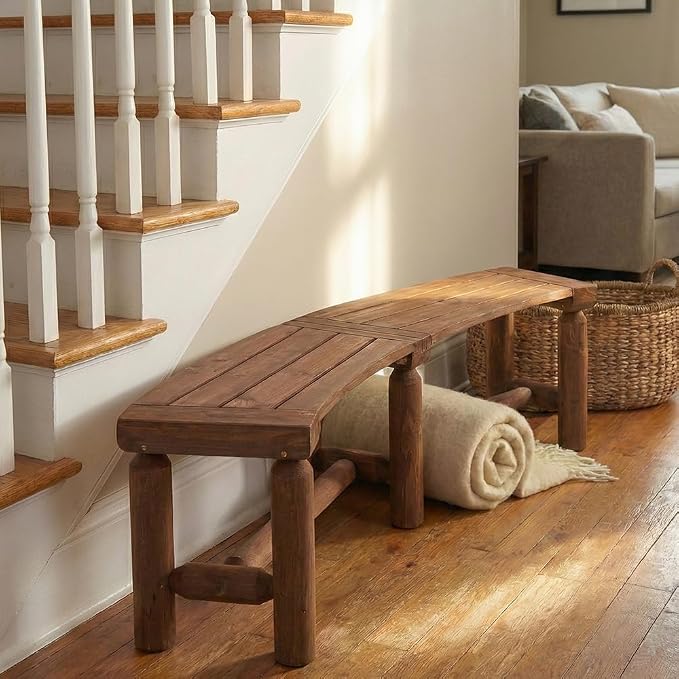 FORTUNO Outdoor Wooden Curved Backless Porch Bench Rustic Style Cedar/Fir Wood - Image 5