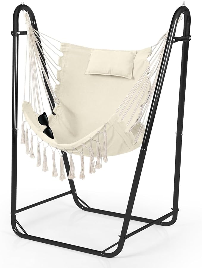 Hammock Chair with U Shape Stand, Cotton Swing Chair with Side Pocket, by AUTOKAKUM