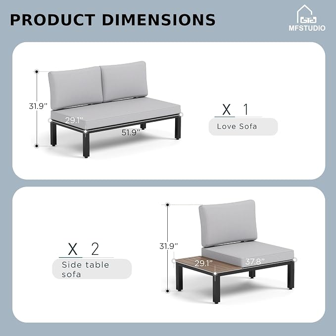 MFSTUDIO 3 Pieces Patio Furniture Set, Outdoor Metal Frame Patio Sectional Sofa - Image 8