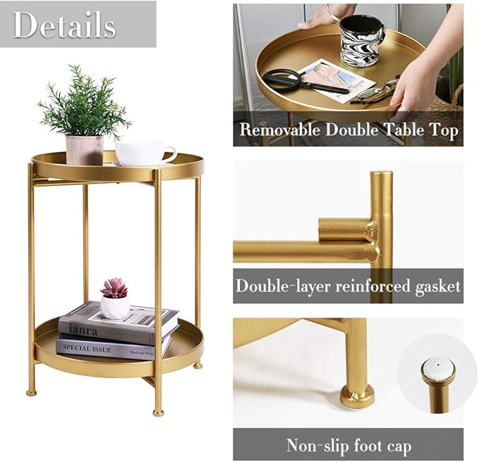 Tiita Round End Table Mental 2-Tier Side Table Nightstand/Small Iron Tables - Image 4