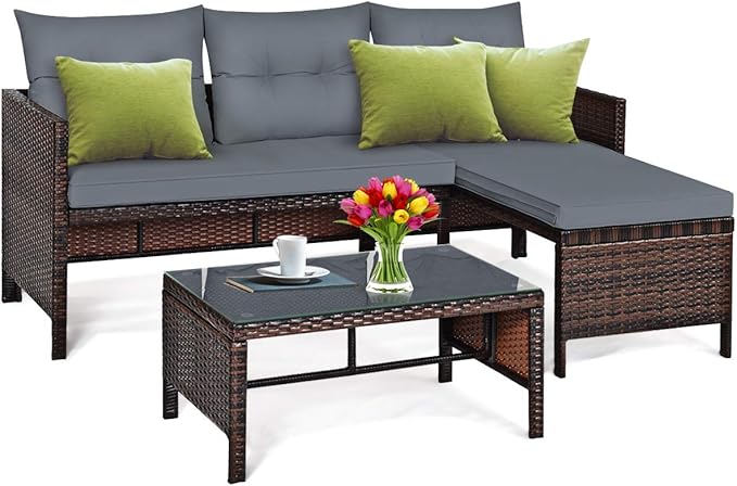 Tangkula Patio Corner Sofa Set 3 Piece, Outdoor Rattan Sofa Set, Includes by TANGKULA