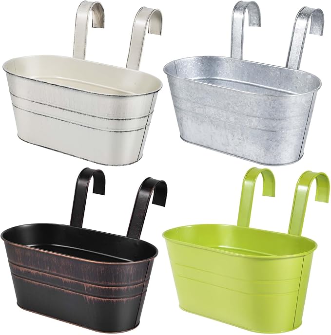 OBTANIM 4 Pack Metal Hanging Flower Pots Iron Railing Planter Outdoor Fence by OBTANIM