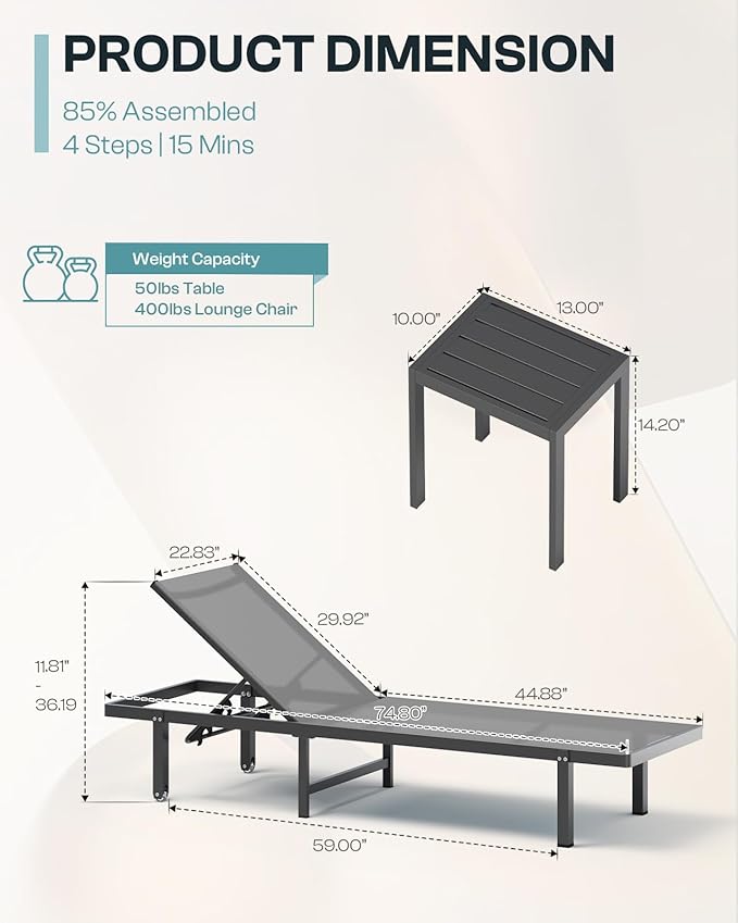 Aluminum Outdoor Lounge Chairs Set of 2, Pool Lounge Chairs - Image 2