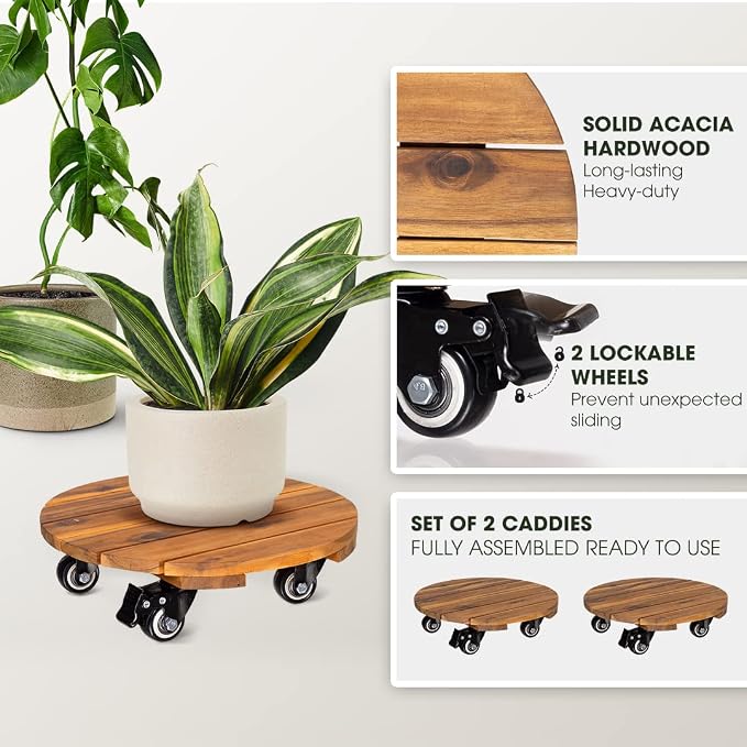 Idzo 2pack 12inches Wood Plant Caddy - Image 2