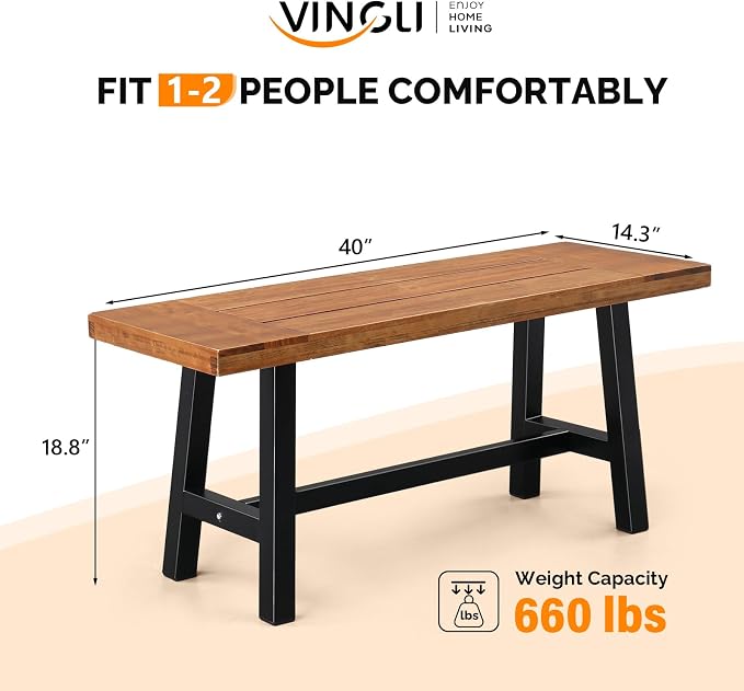 VINGLI Outdoor Bench with Metal Legs Rustic, Wood Dining Bench Indoor Outdoor - Image 3