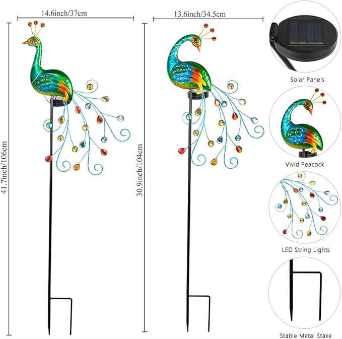 DREAMSOUL 2 Pack Peacock Solar Lights Outdoor, Tall Waterproof LED Outdoor - Image 2