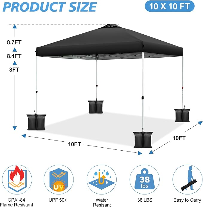 WEIZE Pop up Canopy Tent 10x10ft, 1-Button Push Setup, Instant Portable Shelter - Image 3