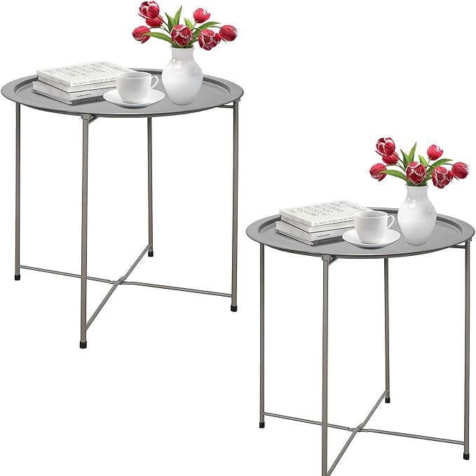 Garden 4 you Folding Tray Metal Side Table 2PC Grey Round End Table Cyan Sofa by Garden4you