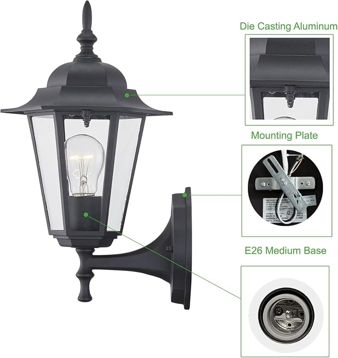 WISBEAM 2 Pack Outdoor Wall Light, E26 Base 60W Max, Metal Housing Plus Glass - Image 6