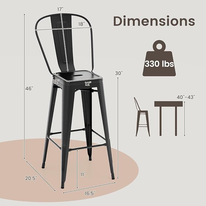 Giantex Metal Bar Stools Set of 4, Rubber Feet, Industrial Stackable Barstools - Image 3
