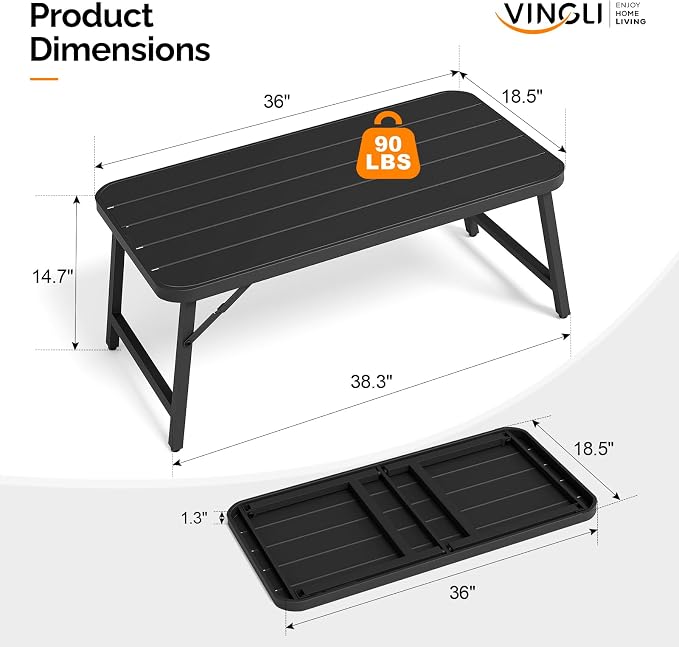 VINGLI Outdoor Folding Coffee Table, Rectangle Drainable Iron Patio Table - Image 3
