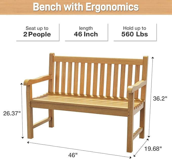 Teak Wood Outdoor Bench Set of 2, Weatherproof Garden Benches - Image 3