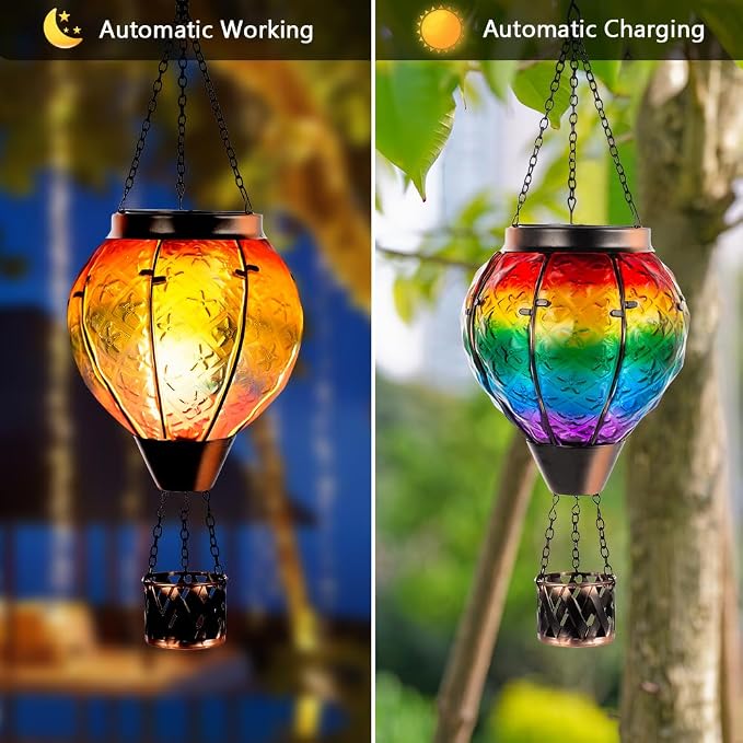 DREAMSOUL Rainbow Hot Air Balloon Solar Lantern, Metal & Glass Solar Lantern - Image 2