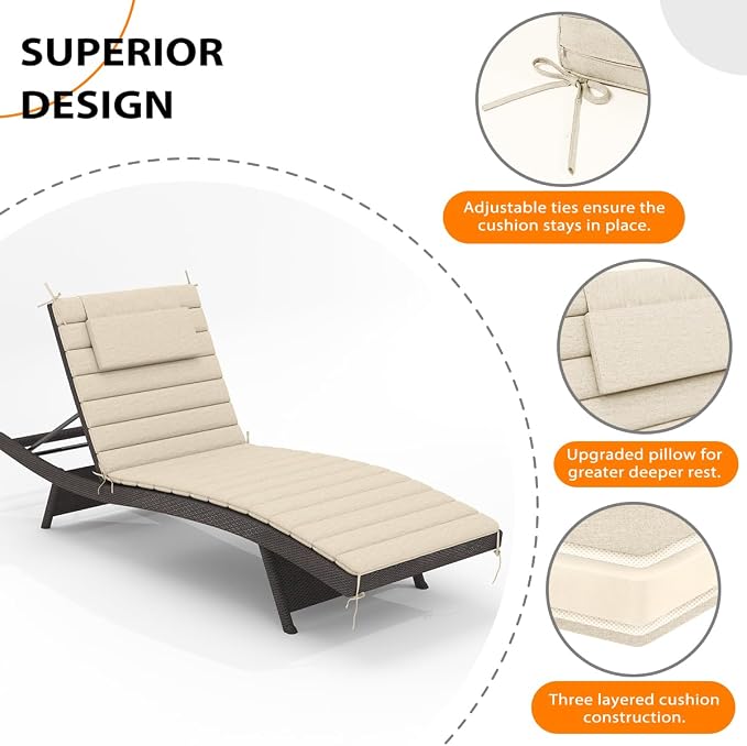 Sundale Outdoor Olefin Quilted Lounge Cushion Set of 2, Patio Foldable Chaise - Image 4