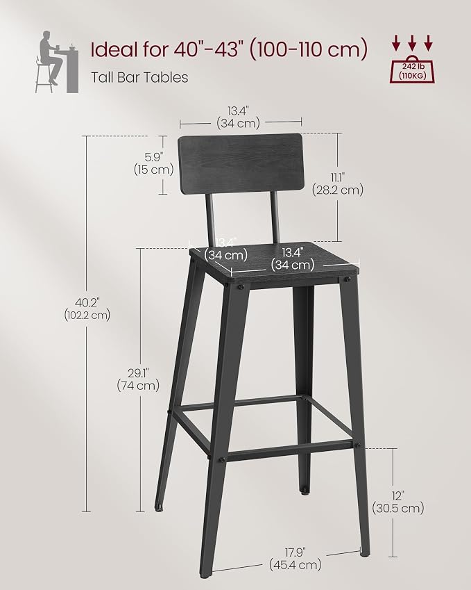 VASAGLE Set of 2 Bar Stools, Bar Height Stools, 29.1 Inches Tall Barstools - Image 2