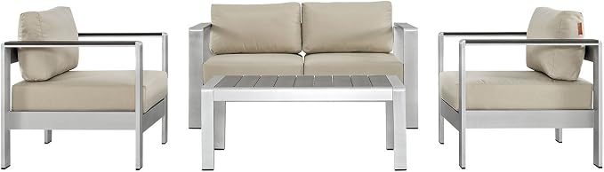 Modway Shore 4-Piece Aluminum Outdoor Patio Furniture Set in Silver Beige by Modway