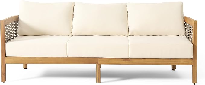 Merax 76.5" Outdoor Acacia Wood Wicker 3 Seater Sofa, Patio Furniture Couch - Image 5