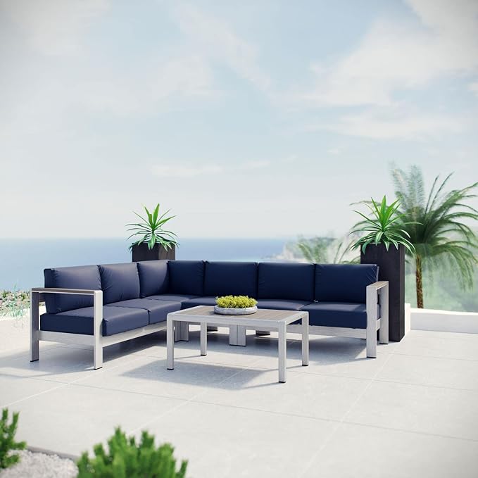 Modway Shore 5-Piece Aluminum Outdoor Patio Sectional Sofa Set in Silver Navy - Image 2