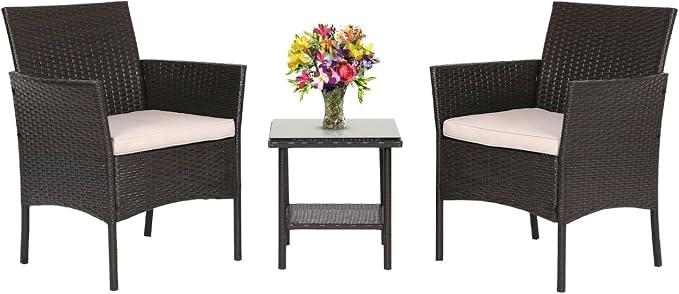 FDW Patio Bistro Conversation Set Wicker Furniture 2 Rattan Chairs Cushions and by FDW