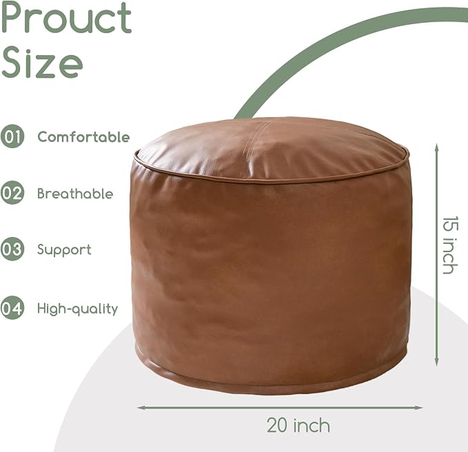 HIGOGOGO Round Stuffed Pouf Ottoman, Pu Leather Poufs - Image 2