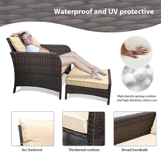 LEVELEVE Balcony Furniture 5 Piece Patio Conversation Set, PE Wicker Rattan - Image 3