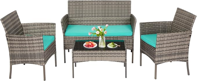 FDW | 4-Piece Patio Furniture Set | Gray & Blue | Outdoor Wicker Furniture by FDW