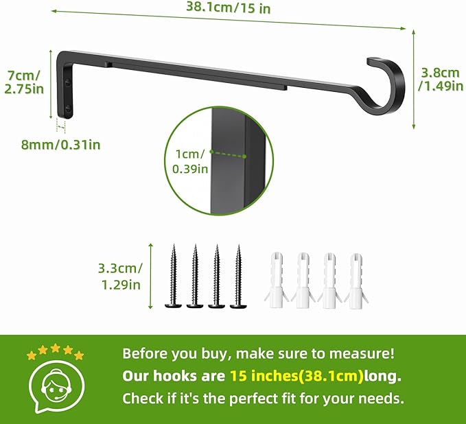 15 Inch 2 Black Pack Heavy Duty Outdoor Plant Hangers, Iron Hanging Plant - Image 3