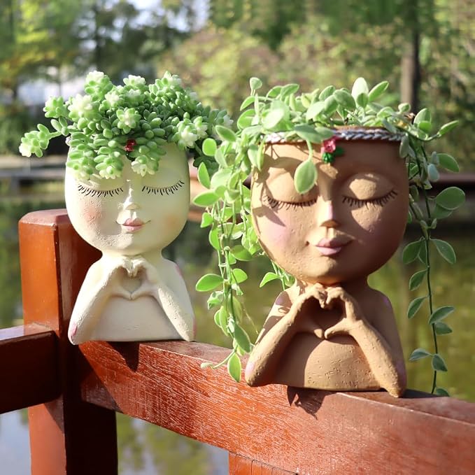 Face Planter Pot with Heart Hands, Resin Head Planter - Image 4