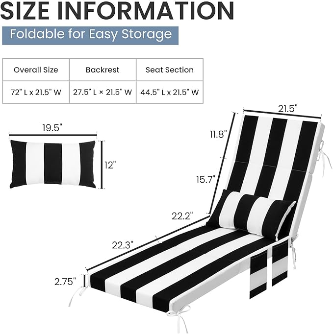 Crestlive Foldable Outdoor Chaise Lounge Cushions - Image 2