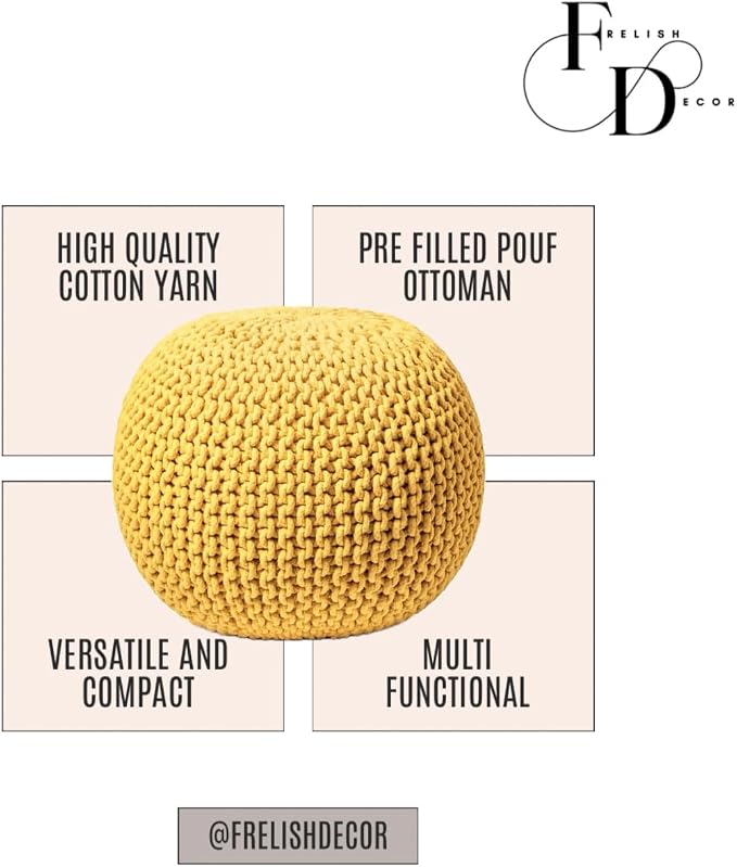 FRELISH DECOR Round Pouf Ottoman Hand Knitted 100% Cotton Pouf Foot Stool - Image 4
